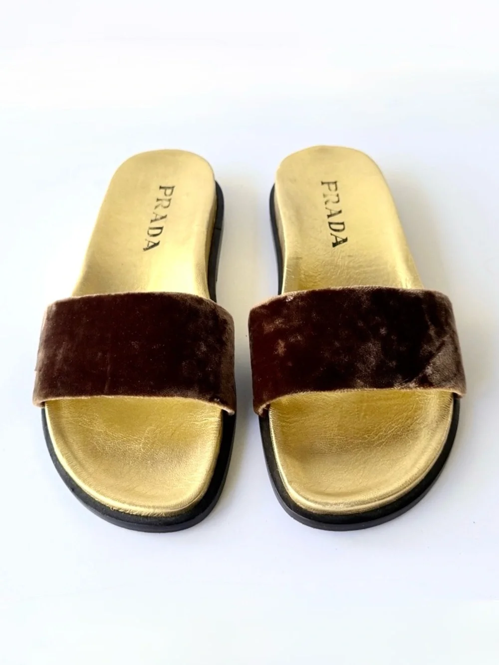 Prada Velvet Slide Sandals in Brown & Gold Size 36 - Picture 5 of 15